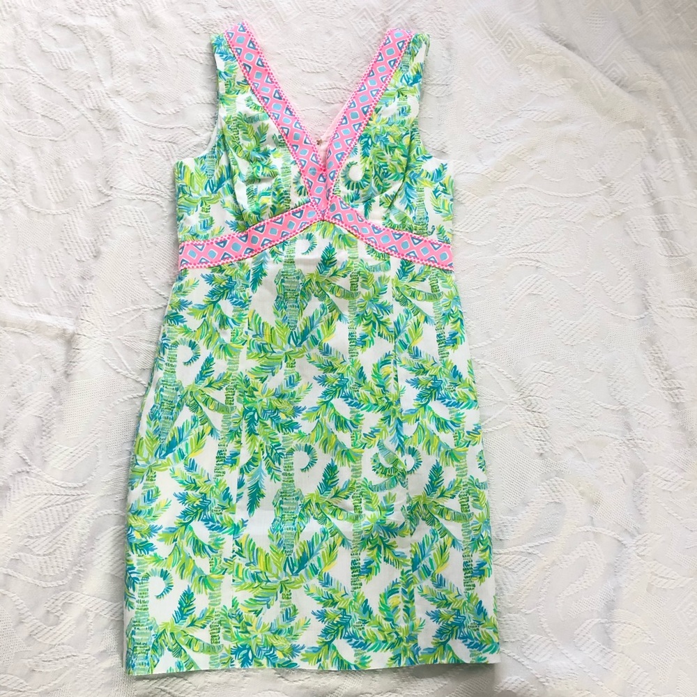 Lilly Pulitzer Sleeveless V-Neck Palm Print Sheath Dress in Green & Pink - Picture 3 of 7
